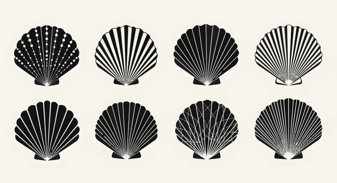 Collection of eight black scallop shell silhouettes featuring diverse decorative internal patterns, radiating lines, and geometric textures, isolated on a light neutral background.