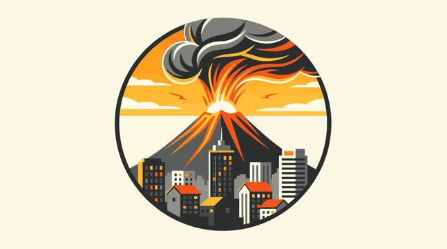Volcano eruption over city skyline illustration.