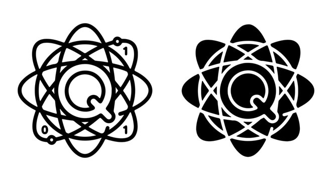 Quantum Computing Icons, Binary Code Atoms, Q Letter Science Symbols, Digital Technology Vector Graphics