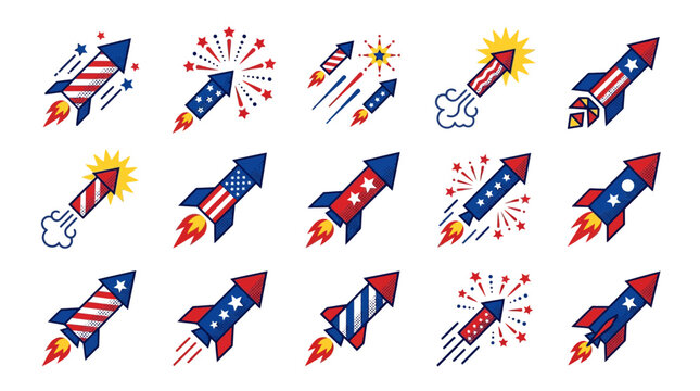 Patriotic firework rockets in red white and blue for holiday events