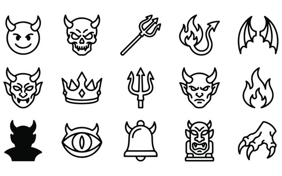 Halloween demon devils icon sheet black line art symbols for spooky designs
