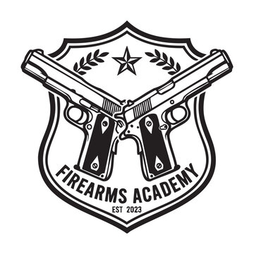 Firearms academy logo design with two crossed pistols and laurel wreath badge.