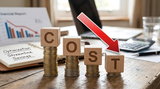 Concept of cost reduction in business finance with wooden blocks spelling COST placed on descending stacks of coins, red downward arrow, symbolizing decreasing expenses