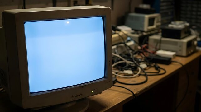 Vintage computer monitor screen displaying blue light on wooden desk surface