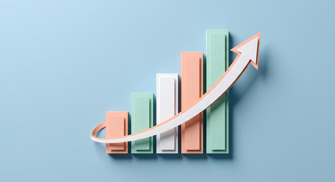 Paper bar chart with rising arrow, representing growth and positive trend on light blue background.
