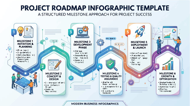 Project roadmap infographic template with six milestones