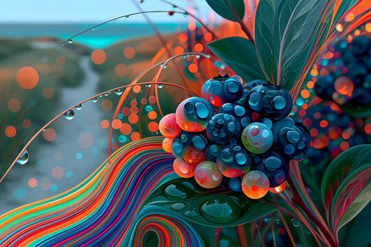 Abstract Rain Soaked Blueberry Cluster with Tropical Leaf Colors