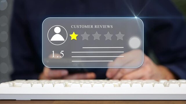 Close-up of a businessman in a suit using his smartphone near a computer keyboard with a digital graphic popup leaving one yellow star bad feedback review