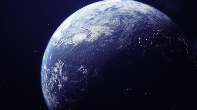 Planet Earth viewed from space featuring illuminated at night, realistic clouds, atmosphere, and city lights, symbolizing global communication, environment, geography, satellite technology, and worldw