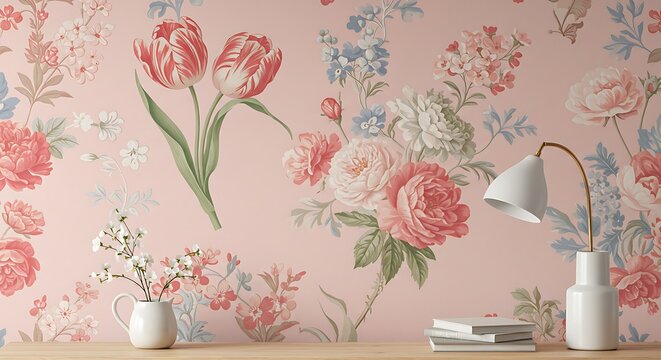 Pink Floral Wallpaper with Roses and Tulips