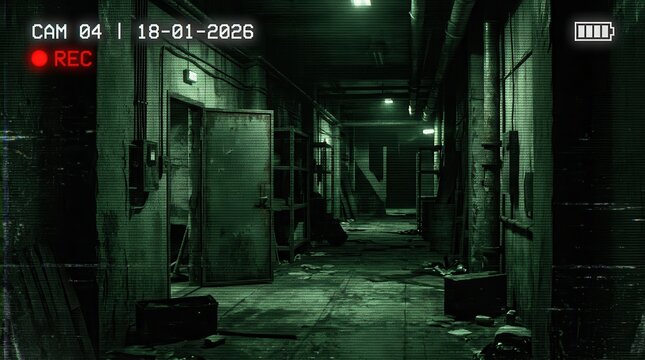 Night vision surveillance footage of a dark abandoned industrial corridor