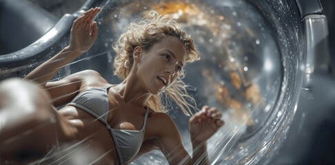 Fototapeta premium Woman in water. Woman drifting inside clear water tube with light particles and droplets