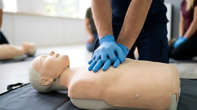 Person practicing cardiopulmonary resuscitation on a dummy during training