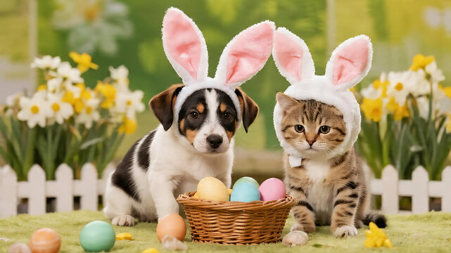 Puppy and Kitten with Easter Basket and Bunny Ears
