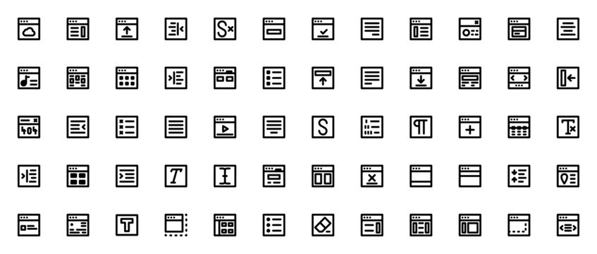 User interface icon set. Minimalist vector icons pack. Includes symbols for browser, text editing, alignment, list, 404 error, and more. Editable vector stroke.