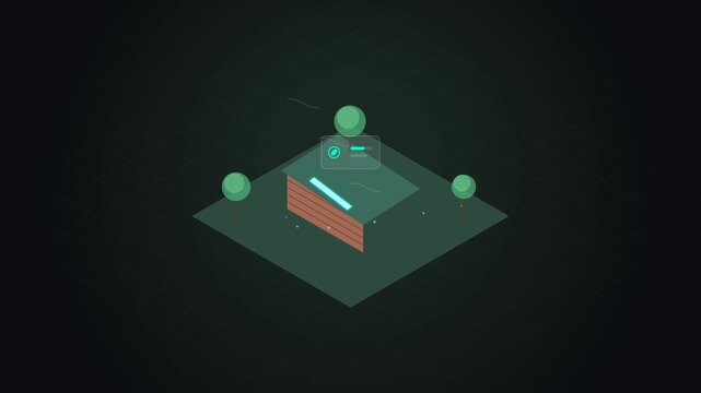 Isometric Digital Data Dashboard Overlooking Minimalist Landscape