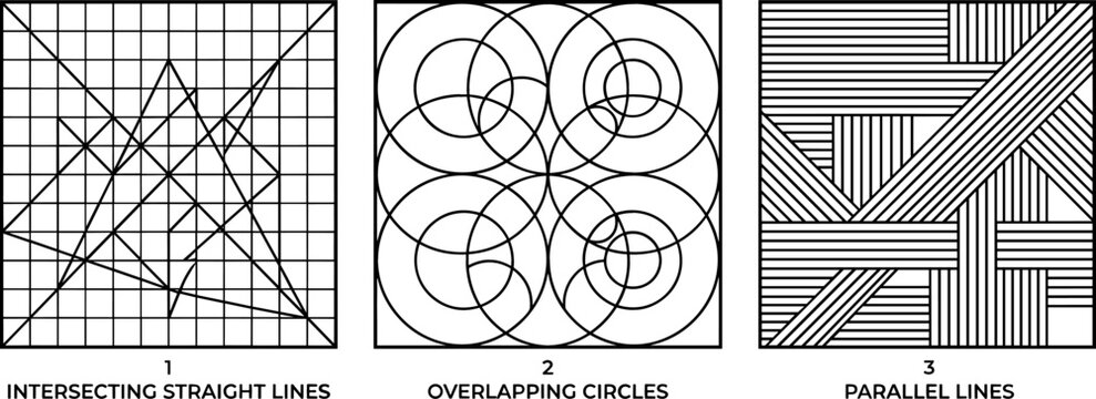 Geometric Pattern Line Art Vector Set with Intersecting Lines Overlapping Circles and Parallel Stripes for Optical Illusion and Abstract Graphic Designs