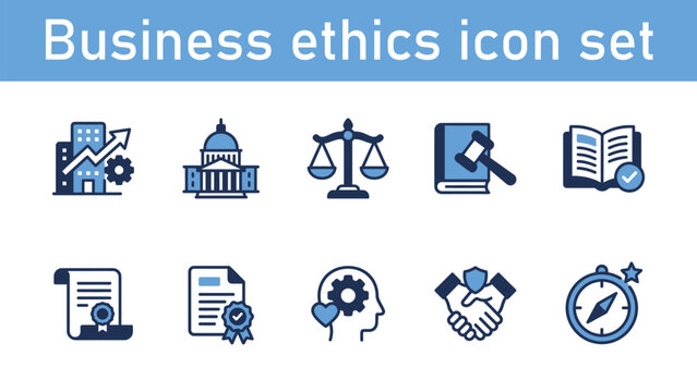 Business ethics icon set. Containing compliance, integrity, responsibility, trust, law, justice, honesty, leadership and more. Solid vector icons collection. Professional flat style design.

