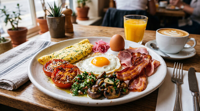 Full english breakfast with fried egg, omelette, bacon, ham, grilled tomatoes, mushrooms, and pickled onions served on a plate with coffee and orange juice