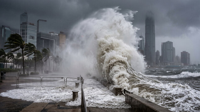 Powerful storm surge crashing against the waterfront promenade in hong kong during a typhoon, with strong winds bending palm trees and skyscrapers in the background under a dark, cloudy sky