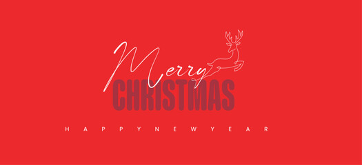 Festive red Christmas background with elegant script typography and leaping reindeer line art illustration. © Z.Graphikos
