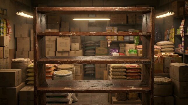 Wooden storage shelf standing in dimly lit warehouse surrounded by cardboard boxes and sacks of grains creating vintage industrial aesthetic for interior storage management themes.