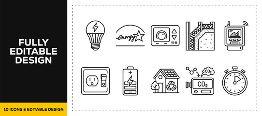 flat vector illustration line art icon bundle set design depicting smart home energy efficiency solar power automation technology system control panel ecology green ui © HASNA