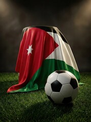 Naklejka premium Soccer ball resting on Jordan flag on grass with dramatic lighting