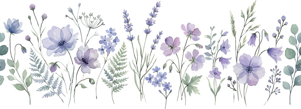 Seamless border of watercolor wildflowers and lavender stems on black background for floral design and stationery projects