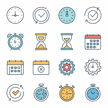 Modern Time Management Icon Set &ndash; Clock, Alarm, Stopwatch, Calendar and Timer Vector Collection