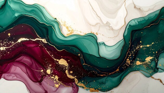 Luxury abstract marble background with flowing emerald, burgundy, ivory, and gold textures, inspired by fluid ink art and natural stone patterns for elegant modern designs.
