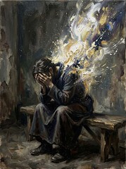 Obraz premium Depressed Person On Wooden Bench With Burst Of Gold Light From Back