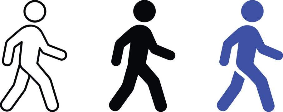 Stick figures of people walking in black, blue and outline