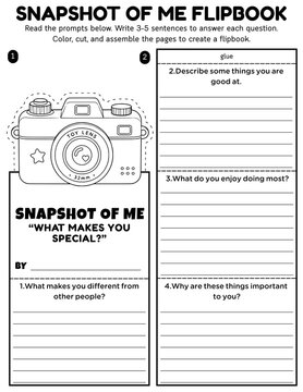 Snapshot of Me Flipbook Craft for Grades 2&ndash;3 | Back to School Writing Prompts All About Me Activities Camera-Themed Personal Narrative Project Self-Reflection Journal Beginning of Year Writing Craft a