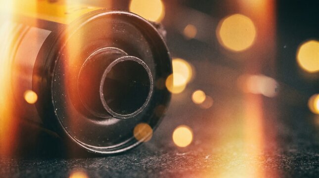 Close up of vintage film roll with warm bokeh light leak on dark background
