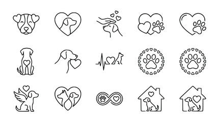 Fototapeta premium Dog Love Icons: Heart, Paw Prints, Pet Care, Animal Symbols Collection
