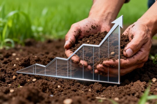 Hands holding soil with growth chart overlay