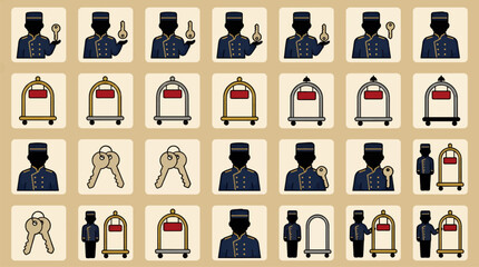 Fototapeta premium Flat Vector Icon Sheet of Hotel Bellboy Characters and Luggage Carts, Holding Keys and Posing, Minimalist Graphic Elements on Beige Background, Hotel Service Icons