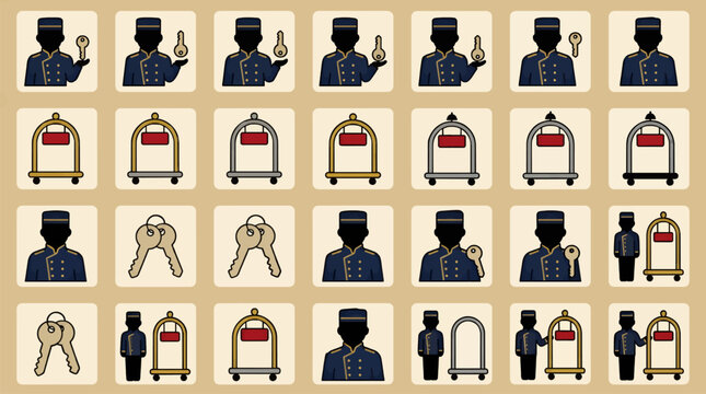 Flat Vector Icon Sheet of Hotel Bellboy Characters and Luggage Carts, Holding Keys and Posing, Minimalist Graphic Elements on Beige Background, Hotel Service Icons