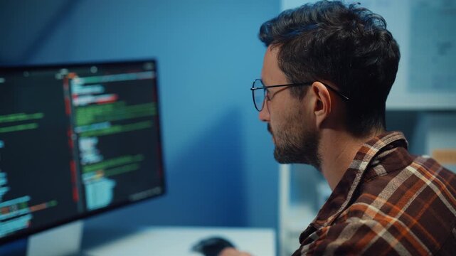 Close up young Male programmer hands typing on keyboard in dark home office at night. AI technology, cybersecurity, software developer, freelance innovation, database system, digital network concept.