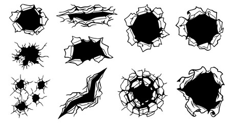 Ripped paper and torn wall hole textures, ripped wall paper holes graphic set vector broken smash wall effects comic burst graphics,  hole, gap, edge, break, crash, smash, explosion