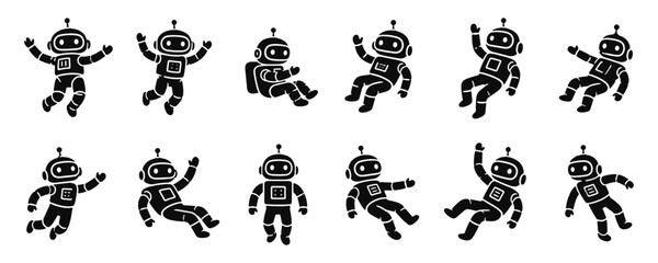 Robotics astronauts silhouette vector, Seamless pattern of cute space robots and alien astronauts vector simple robotic line graphics, robot, cyborg, android, automation, artificial intelligence © Uttham