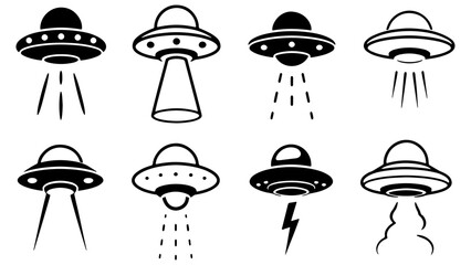 Flying saucer alien ufo vector icon set retro spaceship cosmic beams and lightning graphics, retro outer space ufo shapes, flying, space, galaxy, cosmic, retro, cartoon, fiction © Uttham