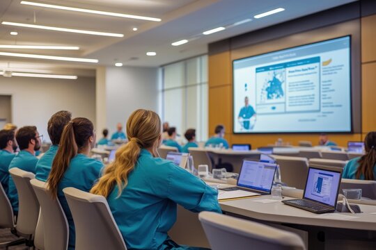 Hospital staff in scrubs attending a safety training session in a modern conference room, focusing on healthcare standards, teamwork, and professional development in a clinical education setting.