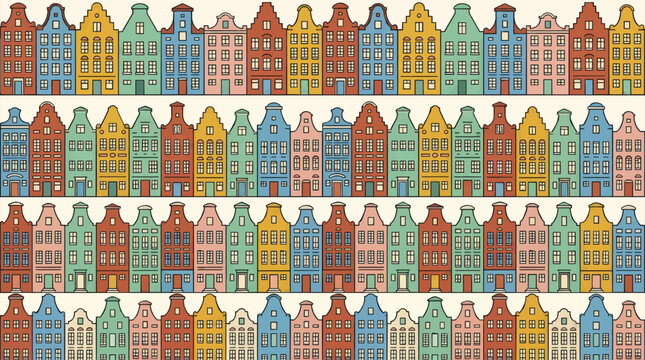 Colorful Flat Vector Illustration Repeating Pattern of Stylized Dutch Canal Houses in Pastel and Earth Tones, Geometric Facades with Windows and Doors, Seamless Graphic Resource