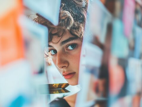 Conceptual portrait of a young person sitting with fashion magazine clippings and a bathroom scale, highlighting body image anxiety, media pressure, and adolescent vulnerability