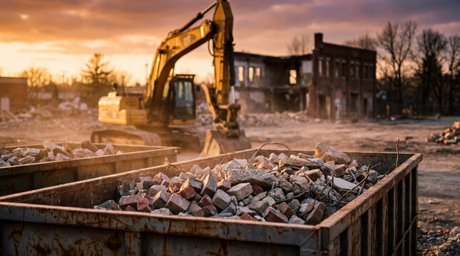 Excavator working at a dusty demolition site, with dumpsters full of rubble and a partially destroyed building at golden hour