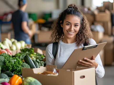 Latina volunteer coordinator with clipboard directing diverse team arranging food distribution tables in urban community hall while neighborhood residents gather for weekly grocery assistance program.