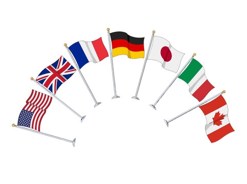 National flags of g7 member countries arranged in a fan shape