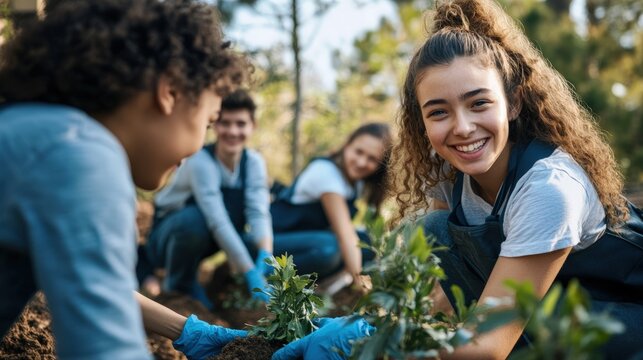 Cheerful diverse teenagers sorting donations and planting trees in outdoor public space demonstrating unity and civic engagement through community volunteer service and environmental action
